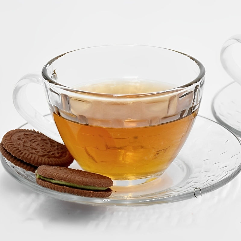 Glass Cup and Saucer Set - 12 Piece Elegant Diamond Pattern Glass Cup and Saucer Set