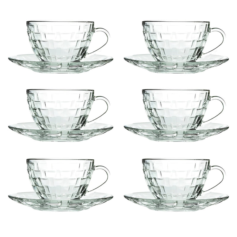 Glass Cup and Saucer Set - 12 Piece Elegant Diamond Pattern Glass Cup and Saucer Set