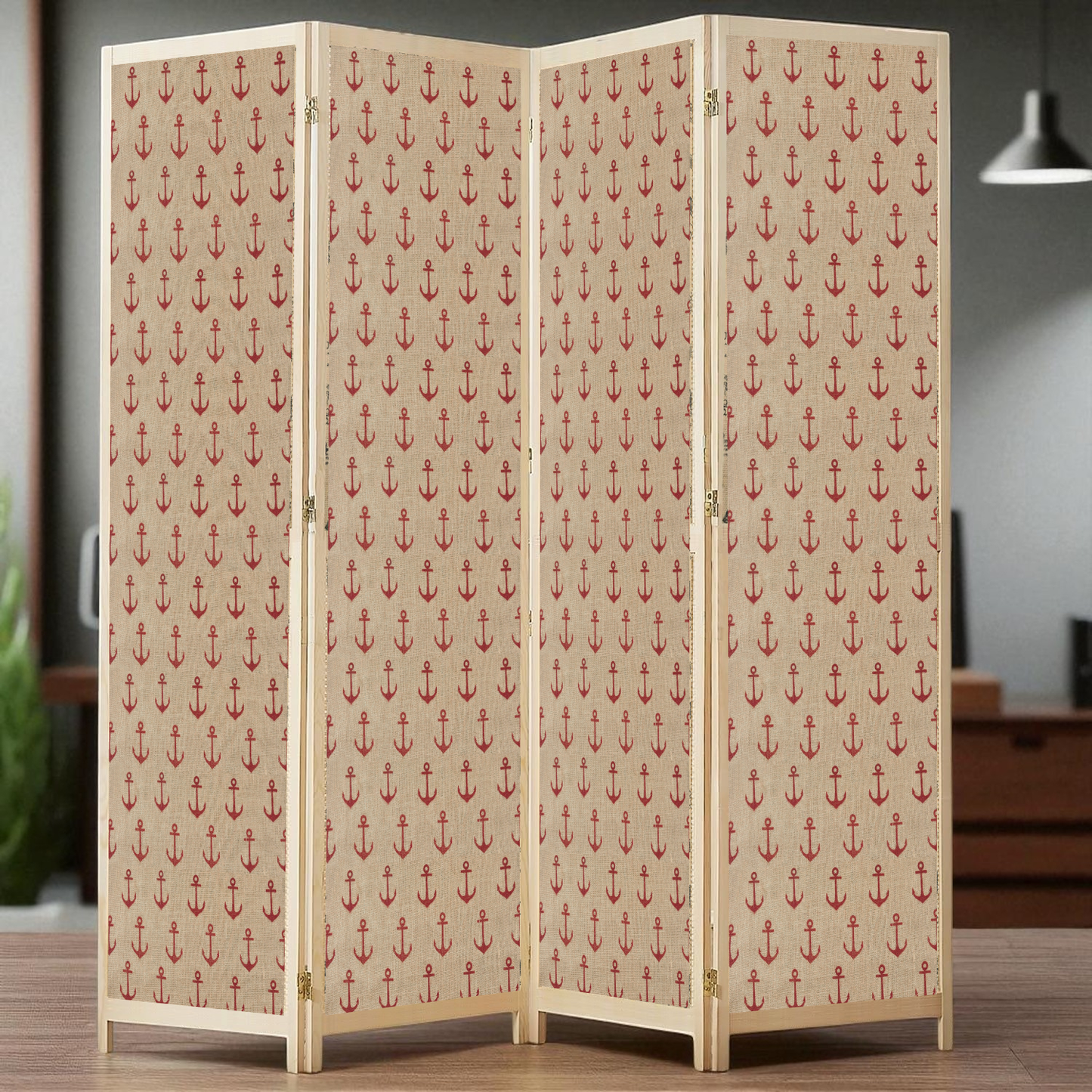 Partition Room Divider - 4 Panel See-through Printed Hessian Folding Screen Room Divider with Solid Wooden Frames