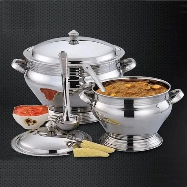 Soup Tureen - 28cm Stainless Steel Soup Tureen with Lid and Serving Ladle