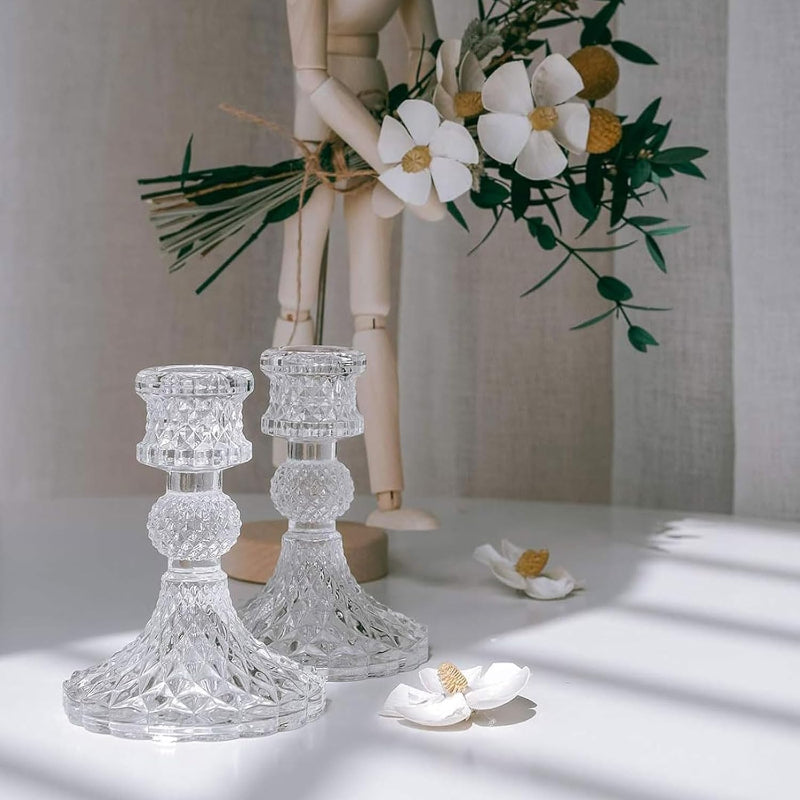 2 Pack Clear Decorative Glass Candlestick Holders