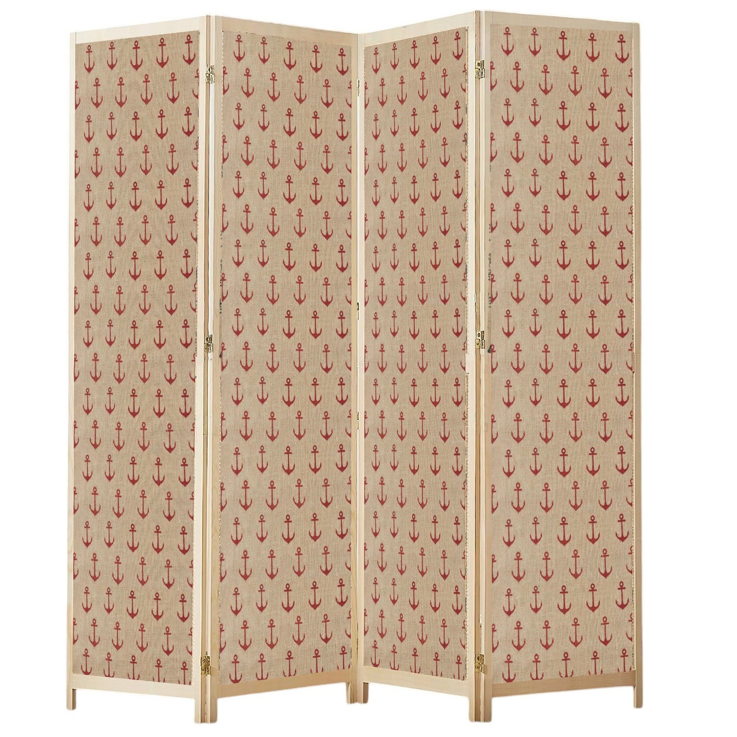 Partition Room Divider - 4 Panel See-through Printed Hessian Folding Screen Room Divider with Solid Wooden Frames