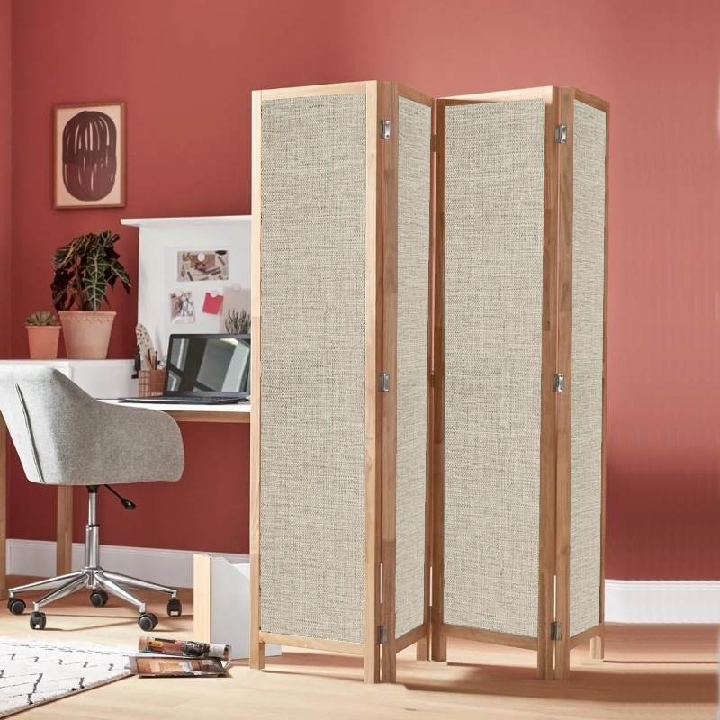 Partition Room Divider - 4 Panel Fabric Folding Screen Room Divider with Solid Wooden Frames