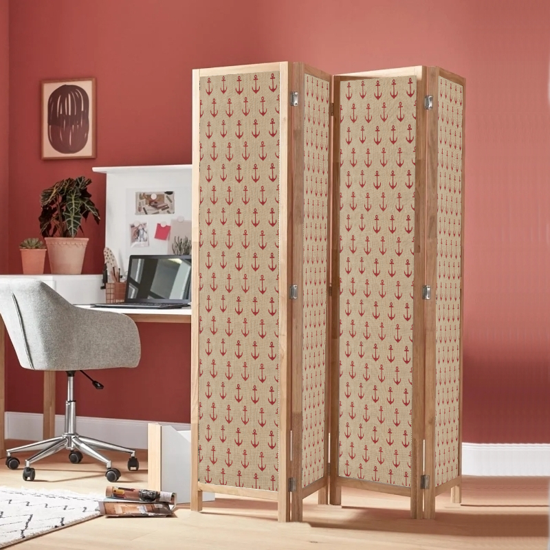 Partition Room Divider - 4 Panel See-through Printed Hessian Folding Screen Room Divider with Solid Wooden Frames