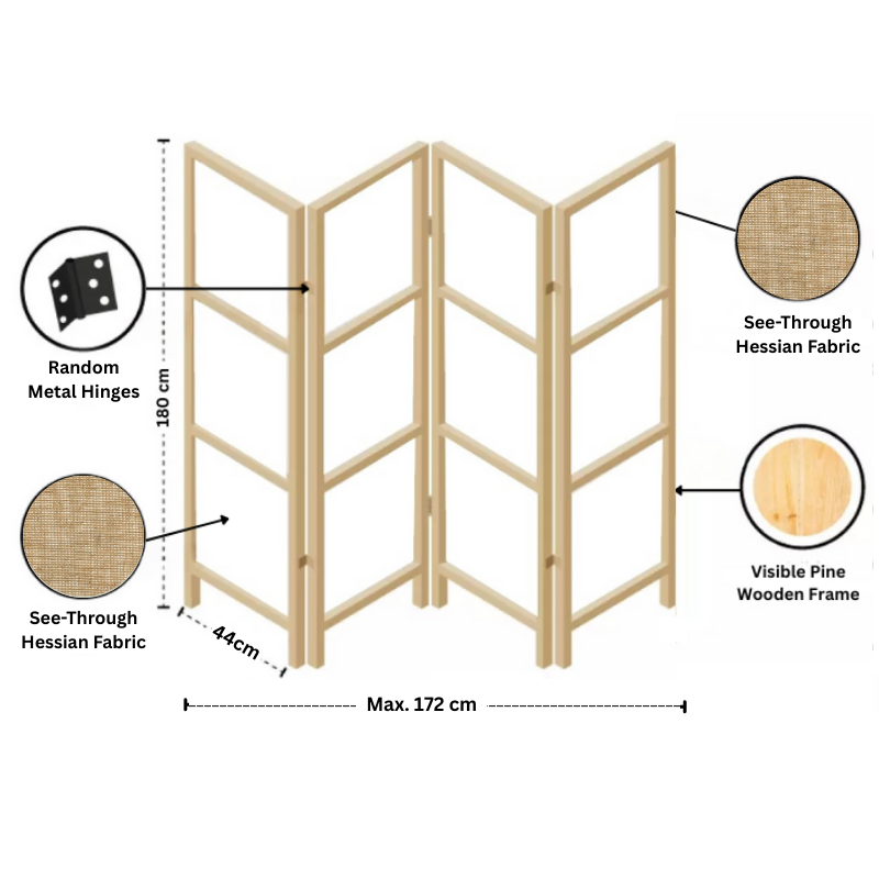 Partition Room Divider - Four-Panel See-through Hessian Folding Screen Room Divider with Solid Wooden Frames