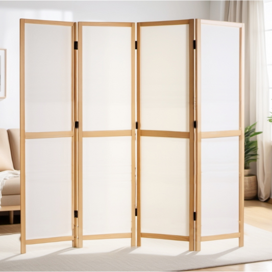 Partition Room Divider - Four-Panel Folding Privacy Screen Room Divider with Solid Wooden Frames