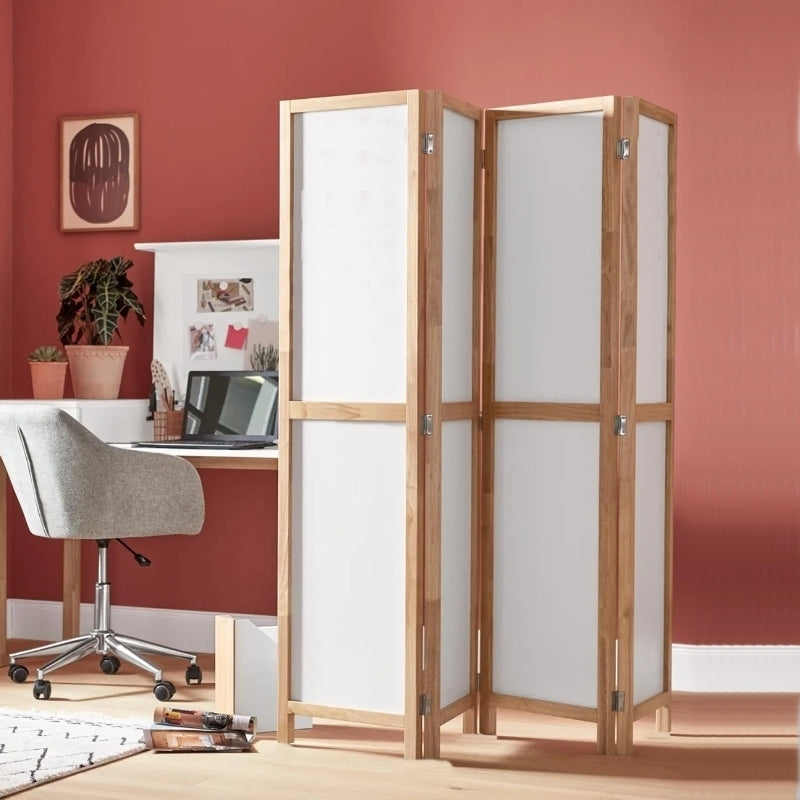 Partition Room Divider - Four-Panel Folding Privacy Screen Room Divider with Solid Wooden Frames