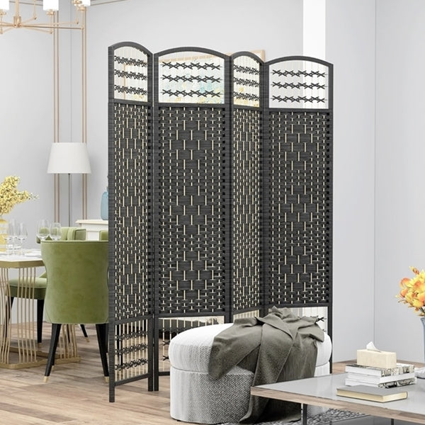 Partition Room Divider - 4 Panel Natural Fiber Folding Diamond Double-Weaved Room Screen Divider