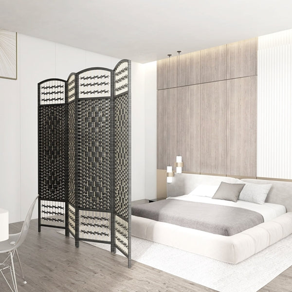 Partition Room Divider - 4 Panel Natural Fiber Folding Diamond Double-Weaved Room Screen Divider