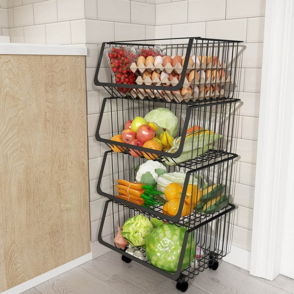 Metal Wire Storage Utility Cart - Storage Basket 4 Tier Stackable Metal Wire Basket Utility Cart