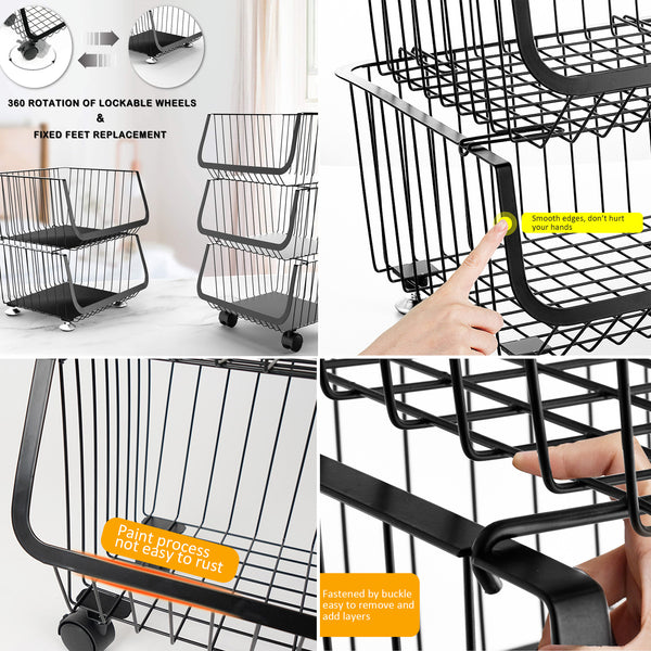 Metal Wire Storage Utility Cart - Storage Basket 4 Tier Stackable Metal Wire Basket Utility Cart