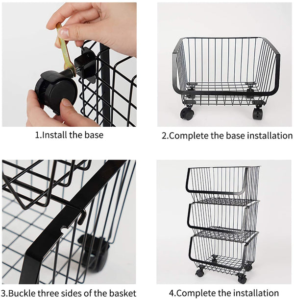 Metal Wire Storage Utility Cart - Storage Basket 4 Tier Stackable Metal Wire Basket Utility Cart
