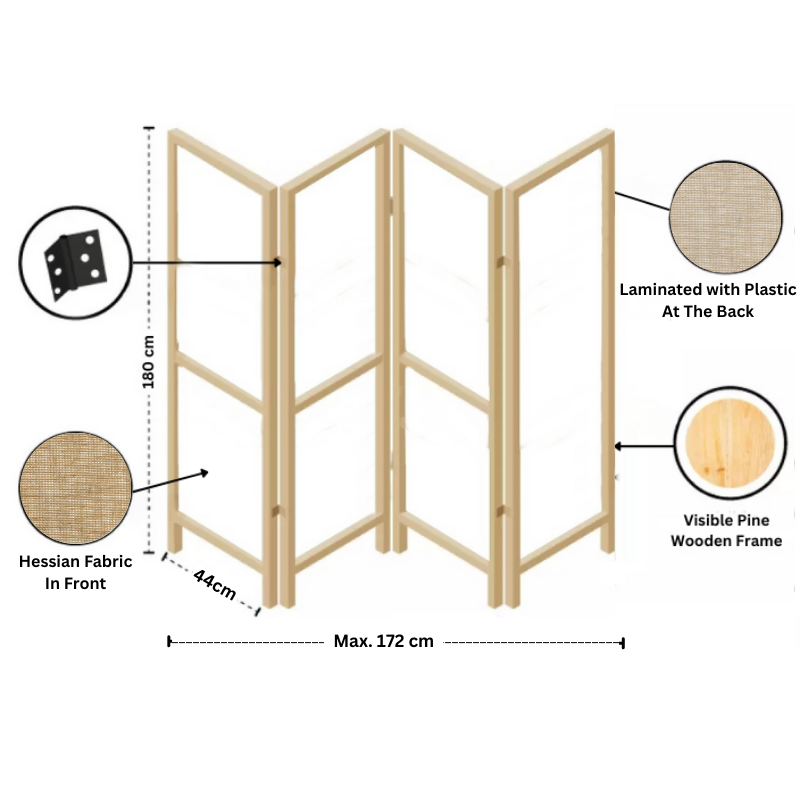 Partition Room Divider - 4 Panel Single-Sided Hessian Folding Screen Room Divider with Solid Wooden Frames