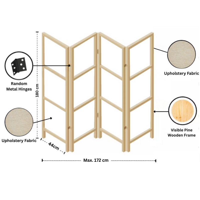 Partition Room Divider - 4-Panel Single-Sided Upholstery Fabric Folding Screen Room Divider with Wooden Frame