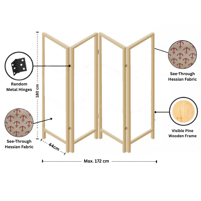 Partition Room Divider - 4 Panel See-through Printed Hessian Folding Screen Room Divider with Solid Wooden Frames