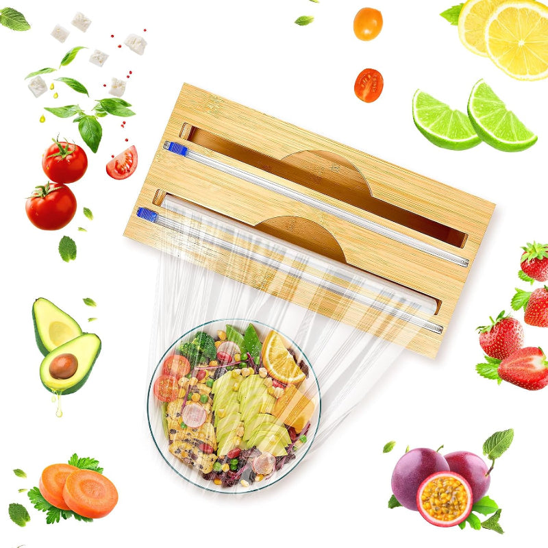 Double Layer Bamboo Plastic Cling Wrap Dispenser with Cutter