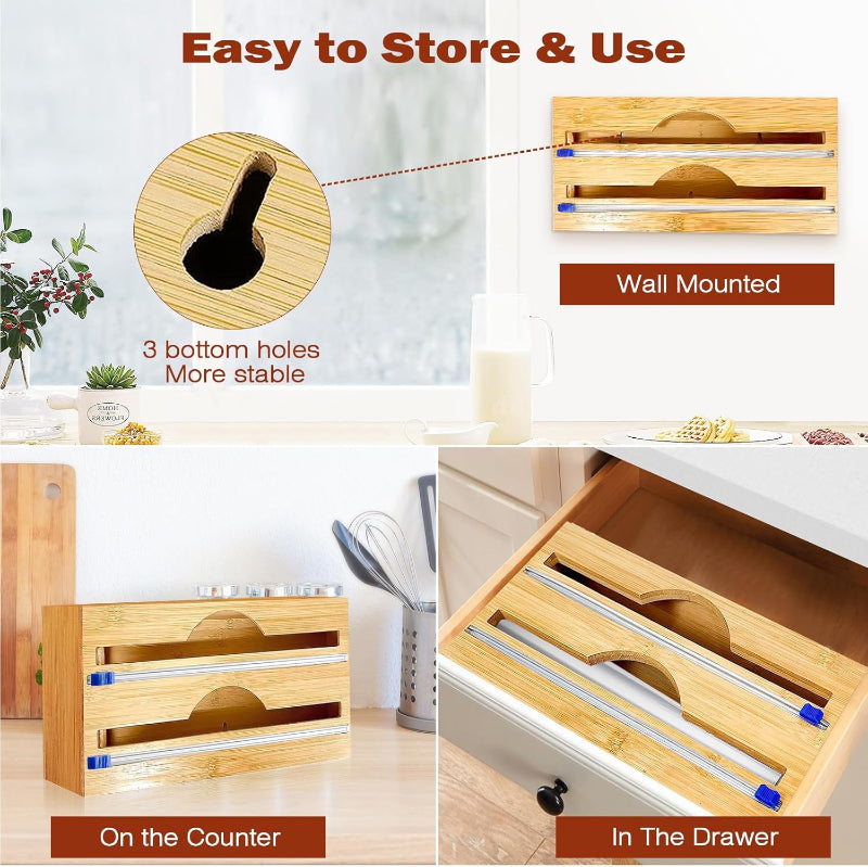 Double Layer Bamboo Plastic Cling Wrap Dispenser with Cutter