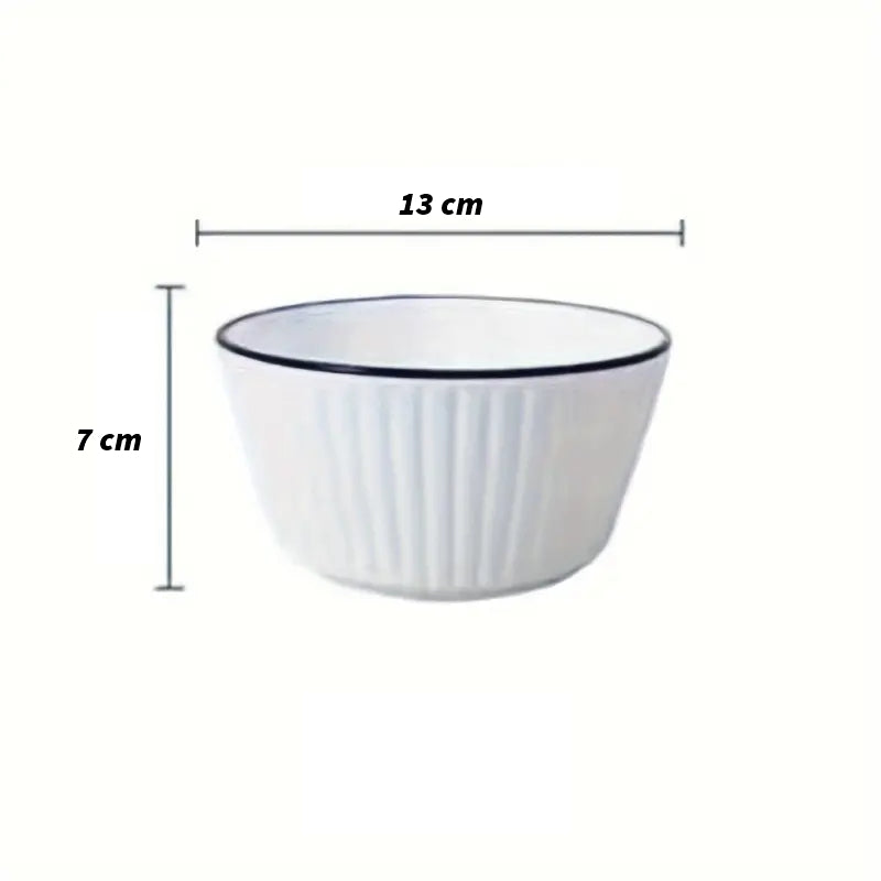 Set of 4 White with Black Rim Stackable Ceramic Simple Bowls (13 x 7 cm)