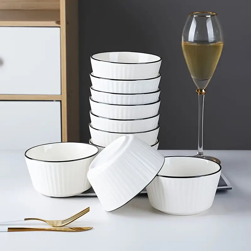 Set of 4 White with Black Rim Stackable Ceramic Simple Bowls (13 x 7 cm)