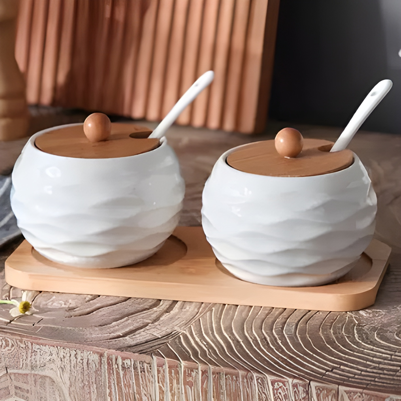 Set of 2 Spice Jars with Lids, Spoons and Wooden Holder