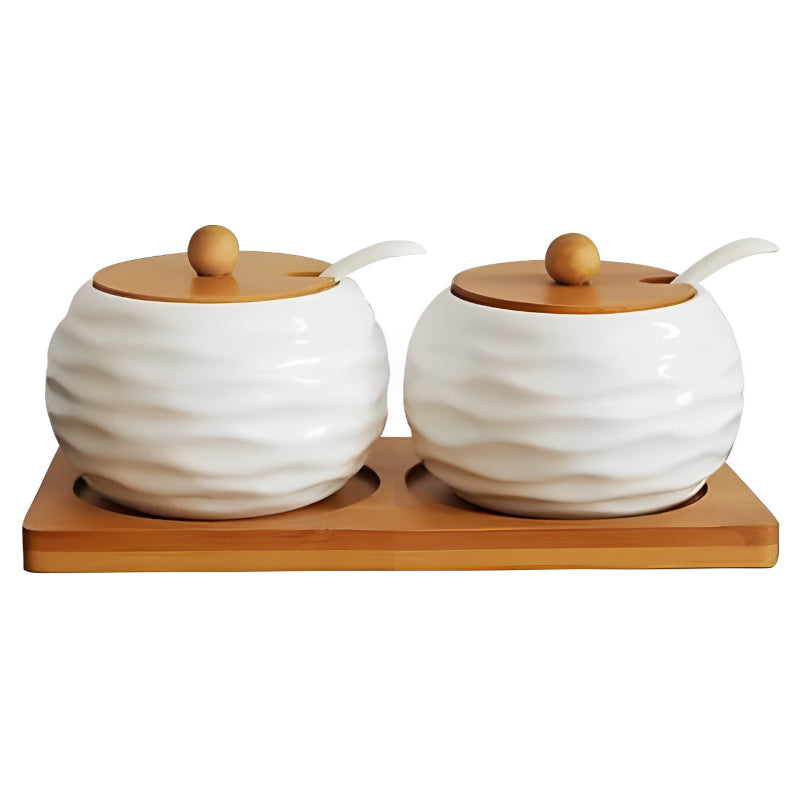 Set of 2 Spice Jars with Lids, Spoons and Wooden Holder