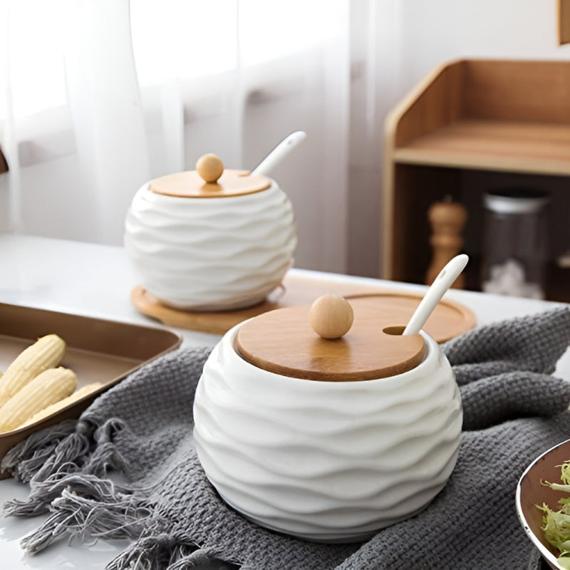 Set of 2 Spice Jars with Lids, Spoons and Wooden Holder