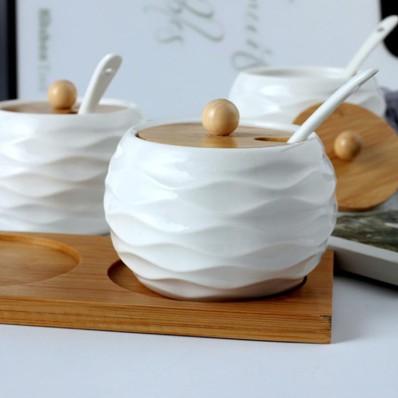 Set of 2 Spice Jars with Lids, Spoons and Wooden Holder