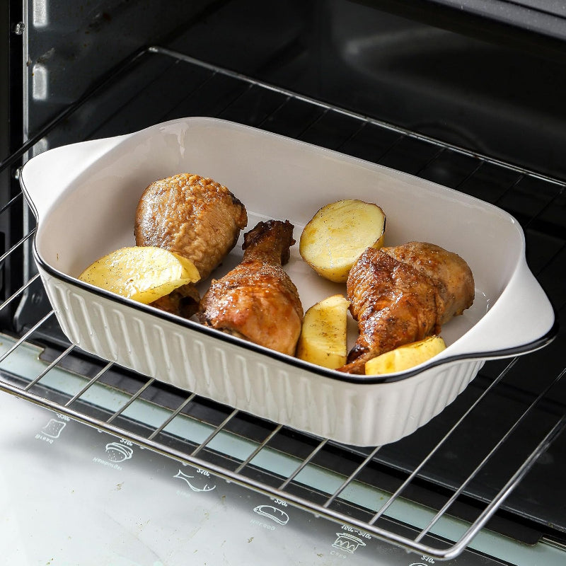 Set of 2 White with Black Rim Ceramic Rectangular Baking Dish with Handles