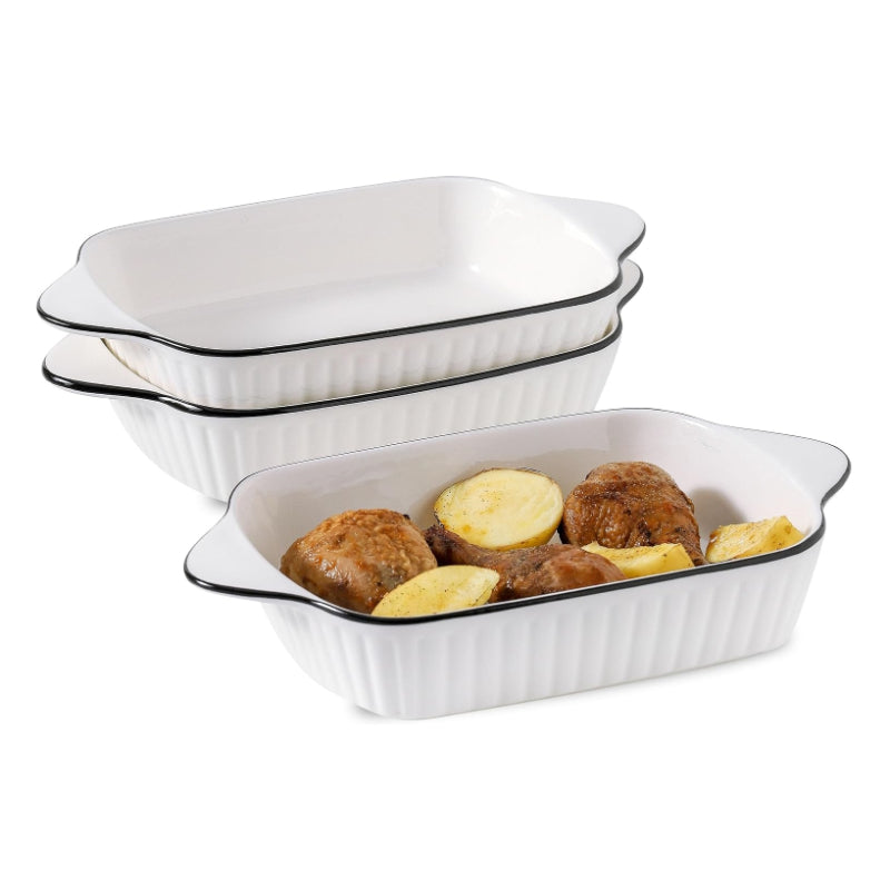 Set of 2 White with Black Rim Ceramic Rectangular Baking Dish with Handles