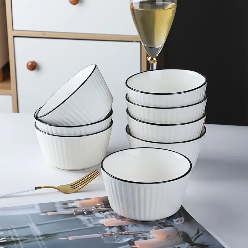 Set of 4 White with Black Rim Stackable Ceramic Simple Bowls (13 x 7 cm)