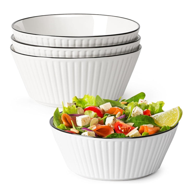 Set of 4 White with Black Rim Stackable Ceramic Simple Bowls (20 x 8 cm)