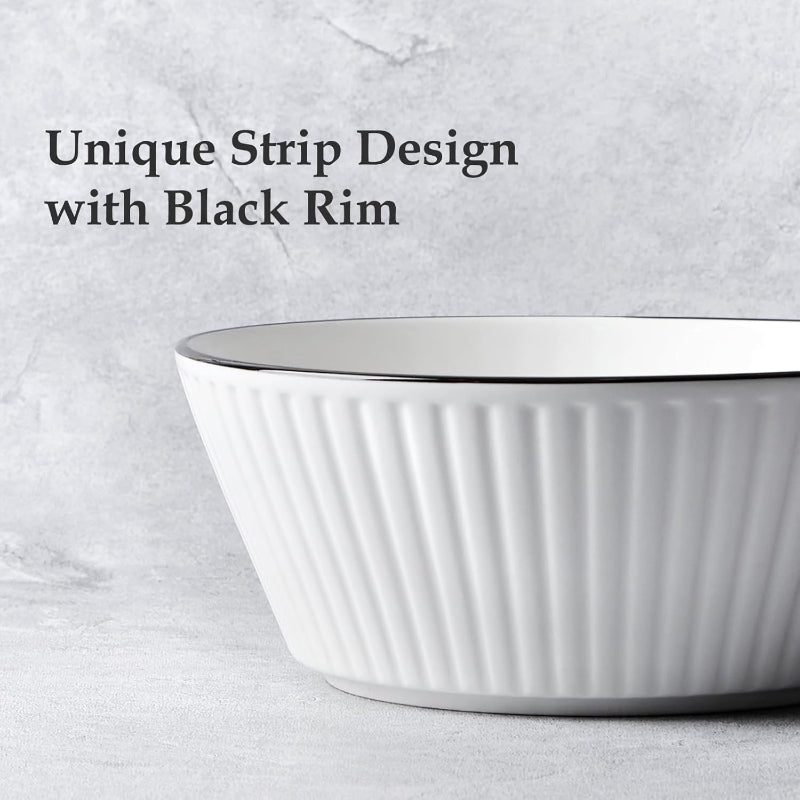 Set of 4 White with Black Rim Stackable Ceramic Simple Bowls (20 x 8 cm)