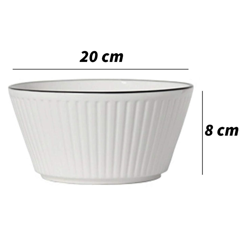 Set of 4 White with Black Rim Stackable Ceramic Simple Bowls (20 x 8 cm)