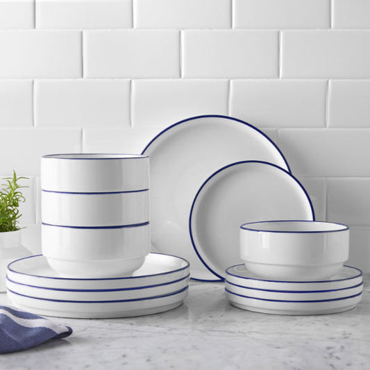 Dinnerware Set - 12 Piece Elegant Blue Rim Dinnerware Set