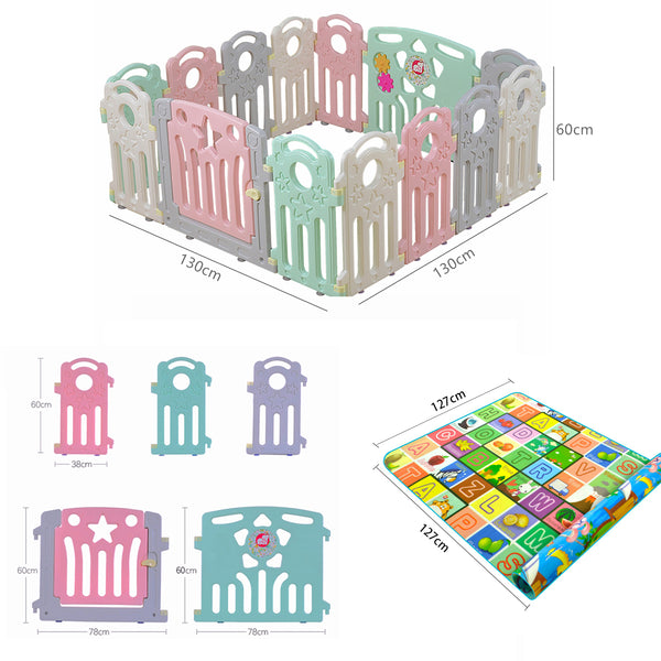 Baby Playpen - 14 Panels Multicoloured Safety Gates Kids Baby Playpen w Mat and Balls