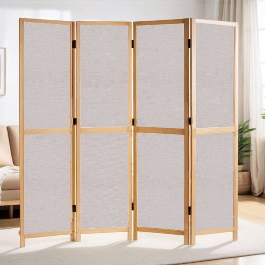 Partition Room Divider - 4-Panel Single-Sided Upholstery Fabric Folding Screen Room Divider with Wooden Frame