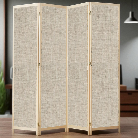 Partition Room Divider - 4 Panel Fabric Folding Screen Room Divider with Solid Wooden Frames