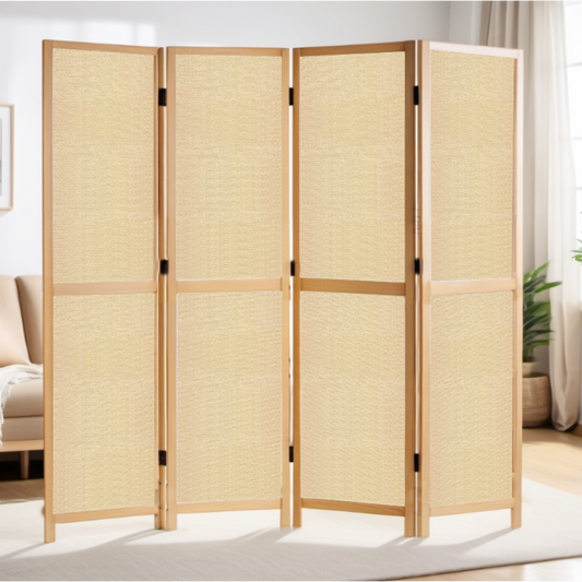 Partition Room Divider - 4-Panel Single-Sided Upholstery Fabric Folding Screen Room Divider with Wooden Frame