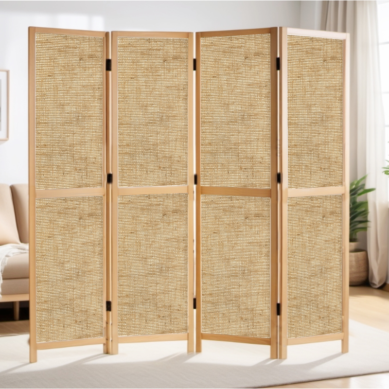 Partition Room Divider - 4 Panel Single-Sided Hessian Folding Screen Room Divider with Solid Wooden Frames