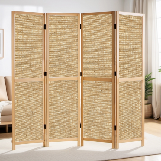 Partition Room Divider - 4 Panel Single-Sided Hessian Folding Screen Room Divider with Solid Wooden Frames