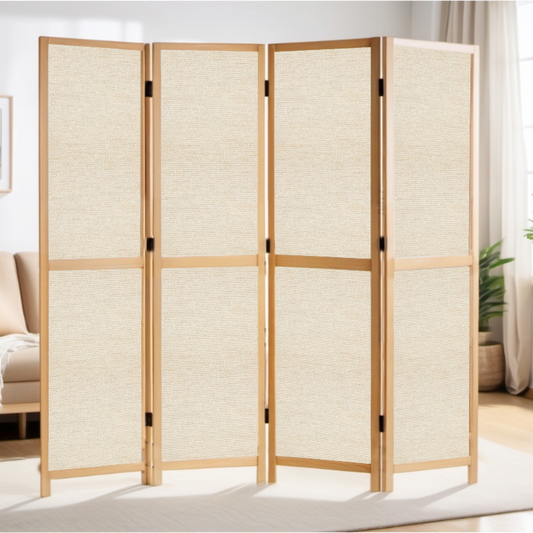 Partition Room Divider - 4-Panel Single-Sided Upholstery Fabric Folding Screen Room Divider with Wooden Frame