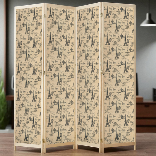 Partition Room Divider - 4 Panel See-through Printed Hessian Folding Screen Room Divider with Solid Wooden Frames