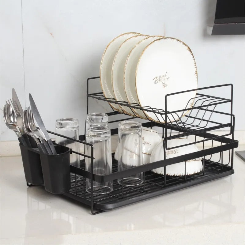 2-Tier Dish Rack Kitchen Stainless Steel Dish Drainer Rack with Drainboard