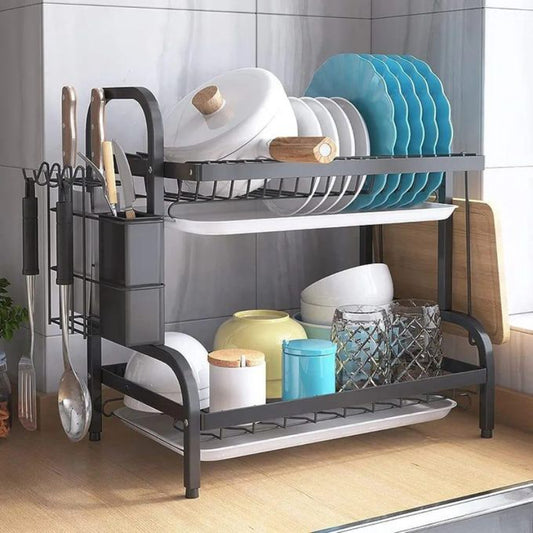 2-Tier Dish Rack Kitchen Stainless Steel Dish Drainer Rack with Drainboard