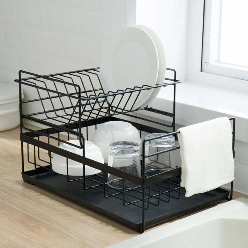 2-Tier Dish Rack Kitchen Stainless Steel Dish Drainer Rack with Drainboard