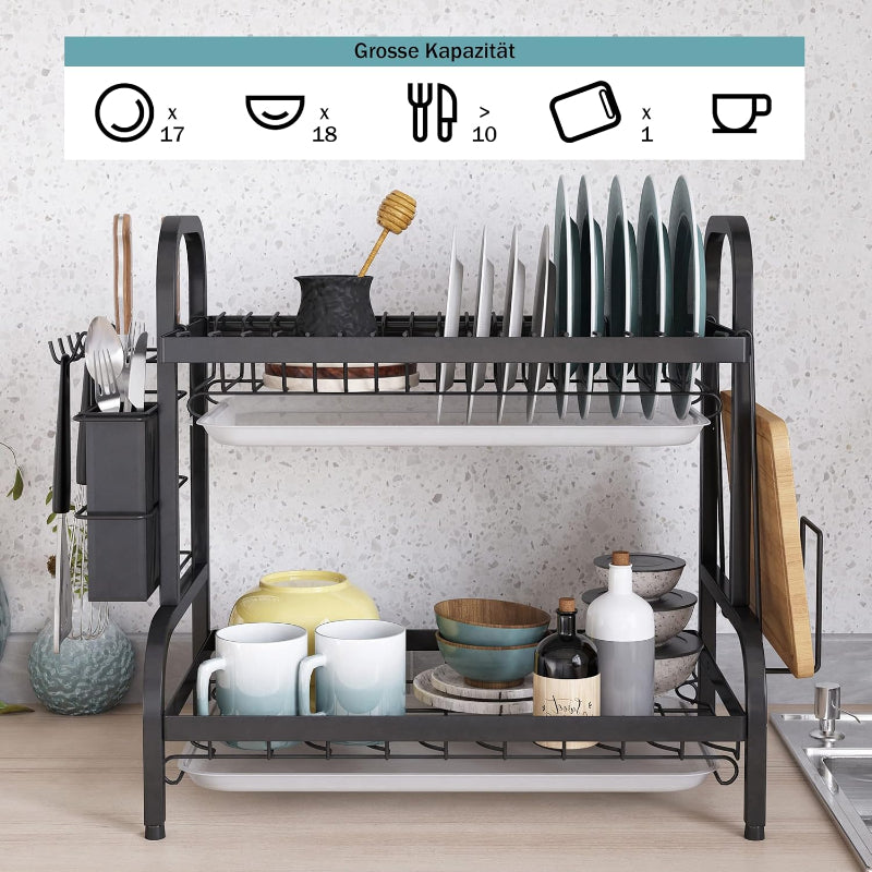 2-Tier Dish Rack Kitchen Stainless Steel Dish Drainer Rack with Drainboard