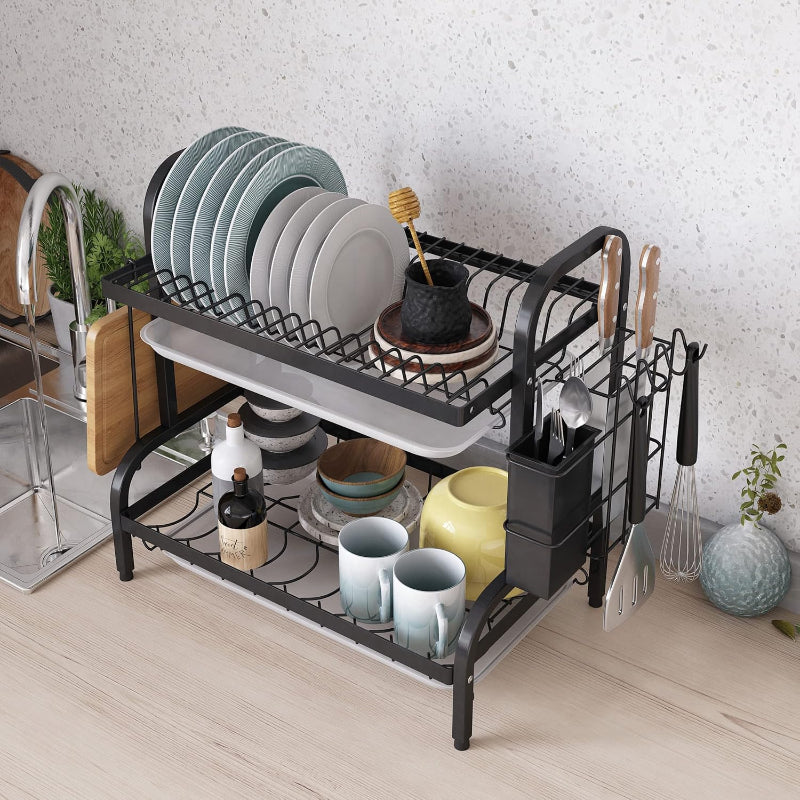 2-Tier Dish Rack Kitchen Stainless Steel Dish Drainer Rack with Drainboard