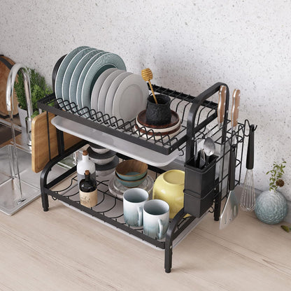 2-Tier Dish Rack Kitchen Stainless Steel Dish Drainer Rack with Drainboard