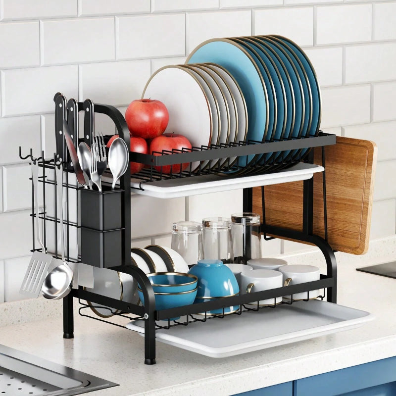 2-Tier Dish Rack Kitchen Stainless Steel Dish Drainer Rack with Drainboard