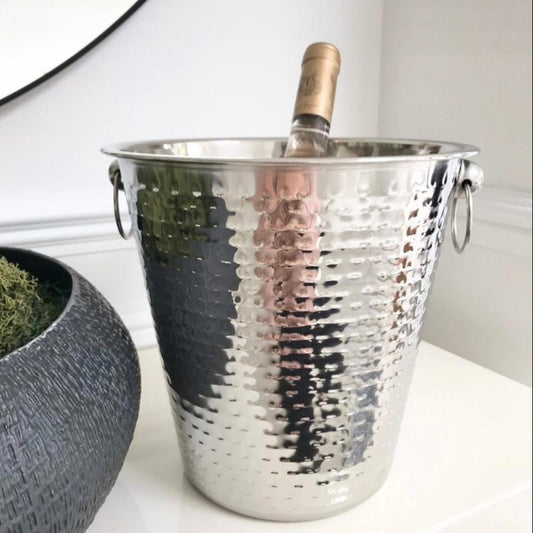Ice Bucket - 21cm Hammered Stainless Steel Champagne Bucket with Ring Handle Design
